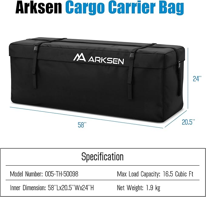 ARKSEN 600D PVC Waterproof Roof Cargo Bag with Lock, Nylon Net, Hitch Stabilizer, 2 Ratchet Straps for SUV, Truck, Van with/Without Rack