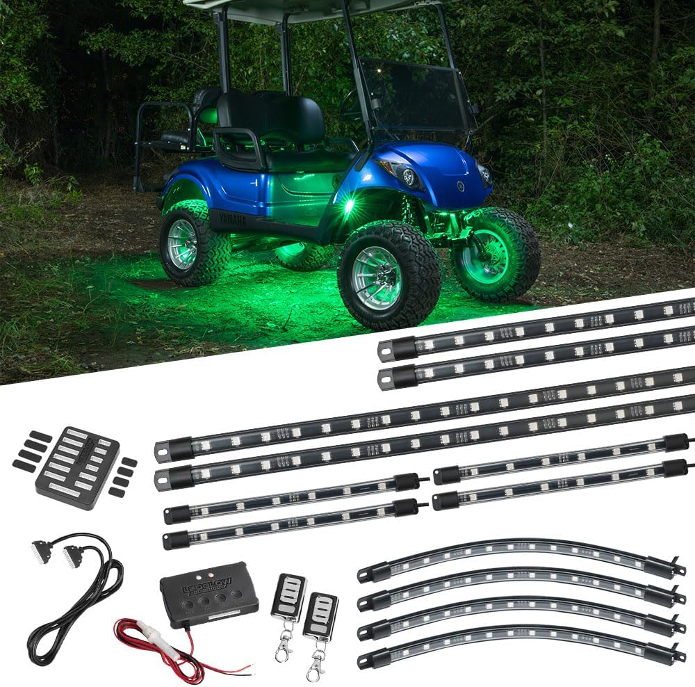LEDGlow 12pc Million Color LED 4-Seater Golf Cart Underglow Neon Lighting Kit with Wheel Well & Interior Lights Fits EZGO, Yamaha, Club Car, ICON, Evolution, Tomblerin, Star EV - for 12-Volt Battery