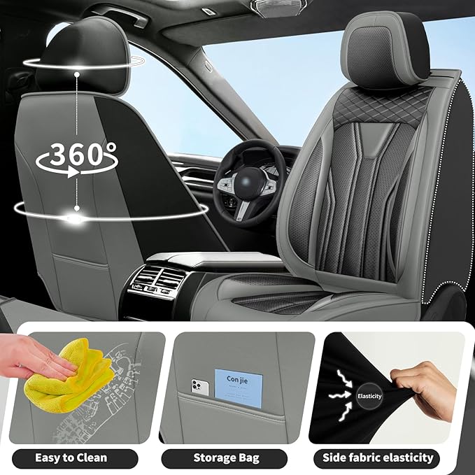 Fit Sonata Car Seat Covers Premium Leather for Hyundai Sonata 2007-2025 2026. Waterproof， Breathable, Scratch-Resistant & All-Weather Seat Cushion Protector（Front Seat,Gray&Black