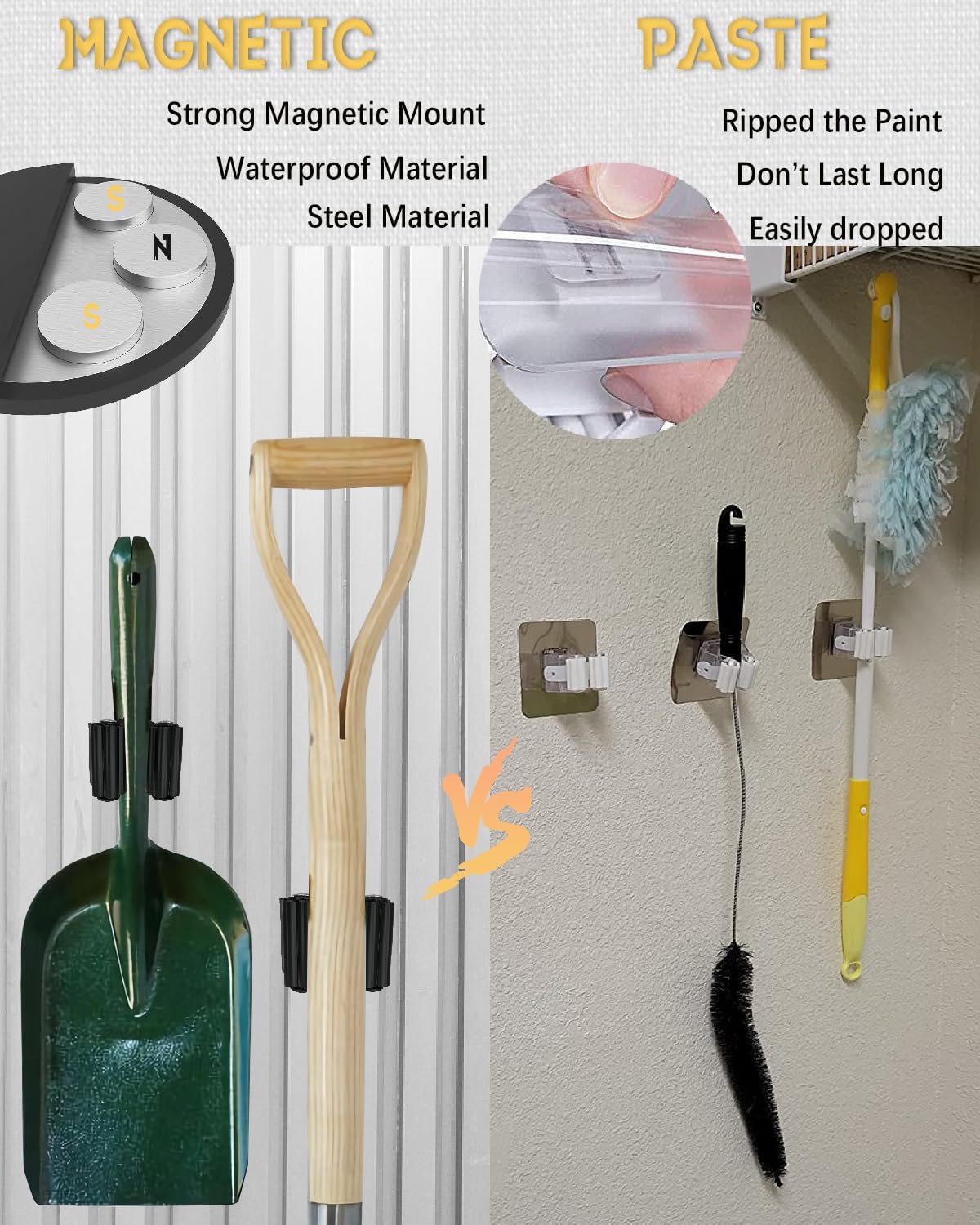 Mop Holder Magnetic, Black Steel Broom Hanger Magnetic Holder for Garden Tool, Rack Rake, Shovel Handle, Garage, Kitchen, Laundry Tools Organizer - No Drilling - 4 PCS/Gray…