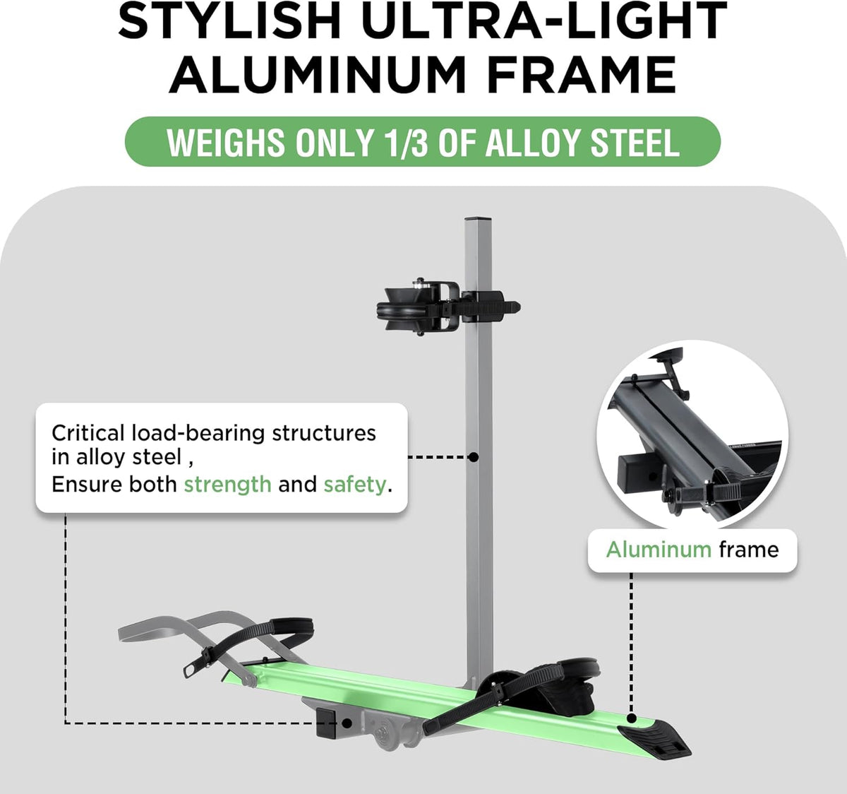 Young 100LBS. Capacity Aluminum 1-Ebike Rack for Bicycles and Electric Bikes, fits Car SUV Van RV and Trailer with 2" Receiver, Fits up to 5" Fat Tire Width and 50" Wheelbase
