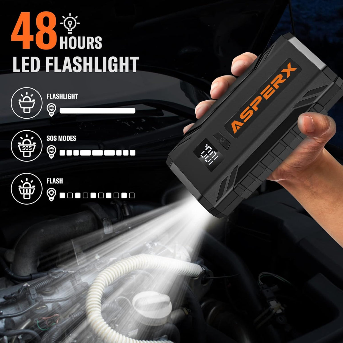 ASPERX Car Jump Starter, 2000A Peak Battery Jump Starter for Up to 7.0L Gas or 5.5L Diesel Engine, 12V Portable Battery Starter Power Pack with 1.4 INCH LCD Display