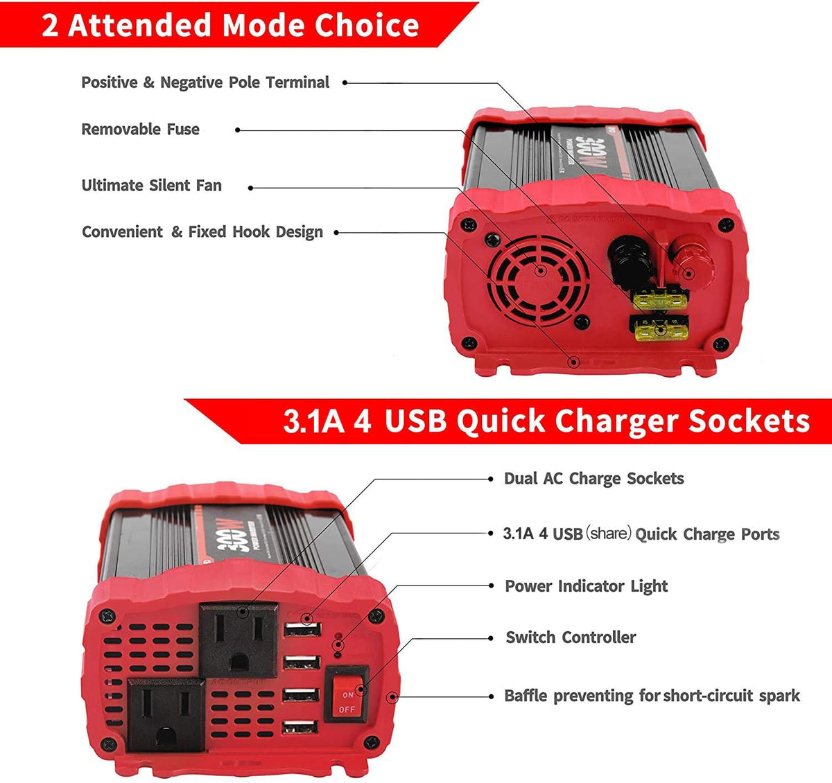BYGD 300W Car Power Inverter, DC 12V to 110V AC Vehicle Plug Adapter Converter with 4 USB Quick Charging Ports and Dual AC Outlets Car Charger Equipped Cigarette Lighter Cable and Battery Clamps Red