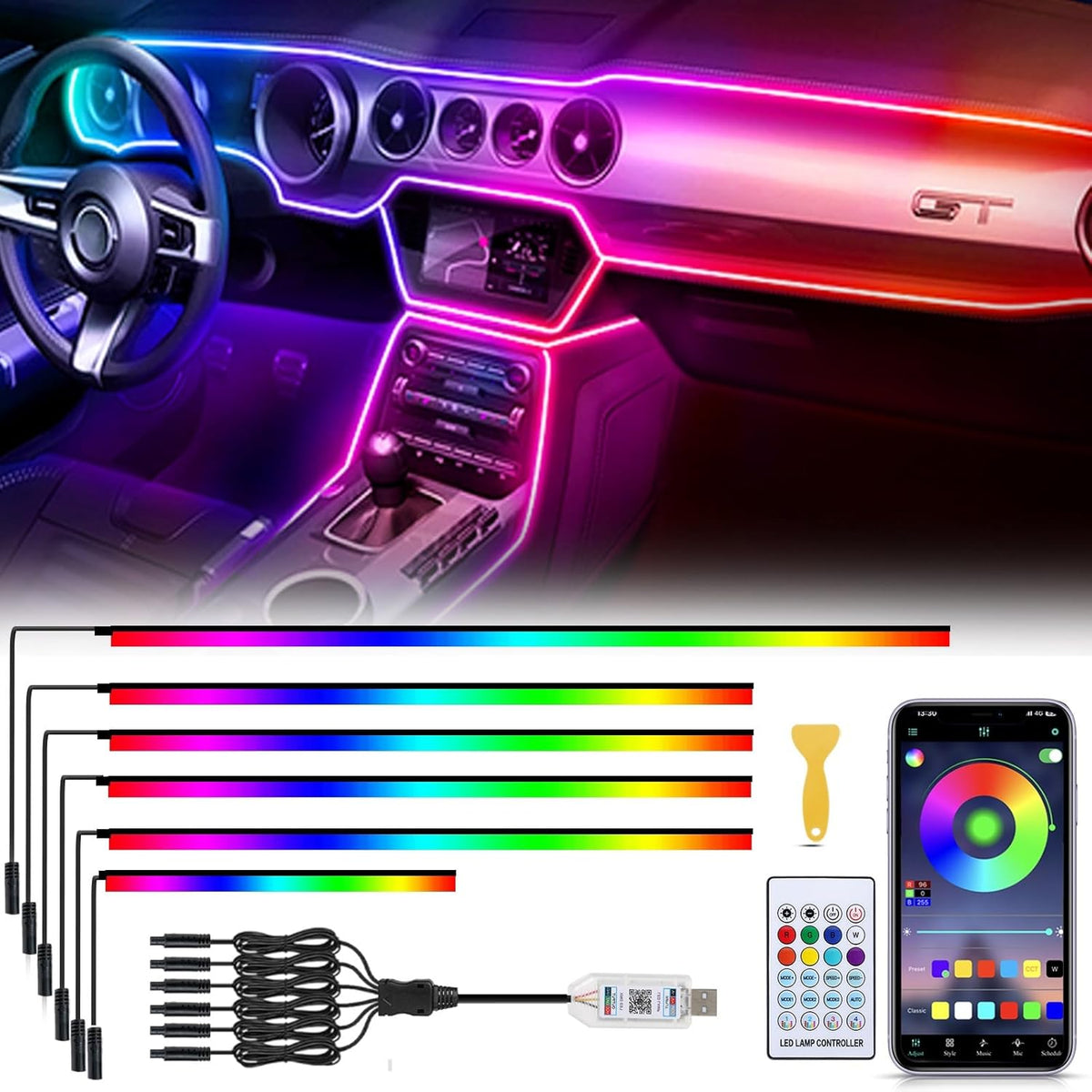 Acrylic 6 in 1 Car LED Lights Interior, RGB Ambient Lighting Car with 584 LEDs, 16 Million Colors, APP & Remote Control, Music Sync Interior Ca r Lights for Women Men