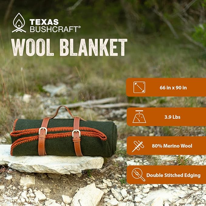 Texas Bushcraft Merino Wool Blanket for Camping, Hiking and Backpacking - Water and Fire Resistant Camp Car Blanket, Fast-Warming and Durable With Double-Stitched Edging (66" x 90")