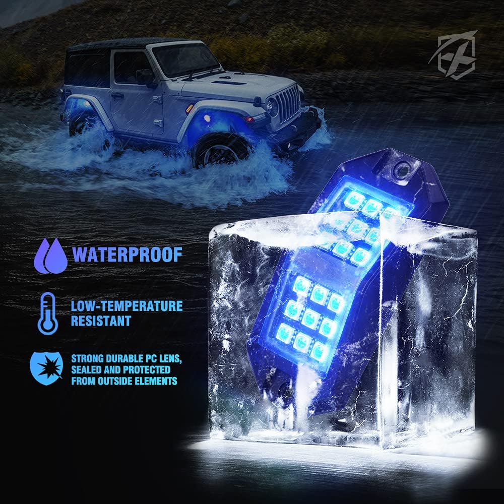 Xprite 8 Pods Rock Lights Wide Angle Bluetooth RGB Rocklights, Multicolor Neon Lighting Footwell Underglow Kits w/Wireless Remote, Compatible Jeep UTV ATV SUV RZR Off-Road Trucks Cars Boats