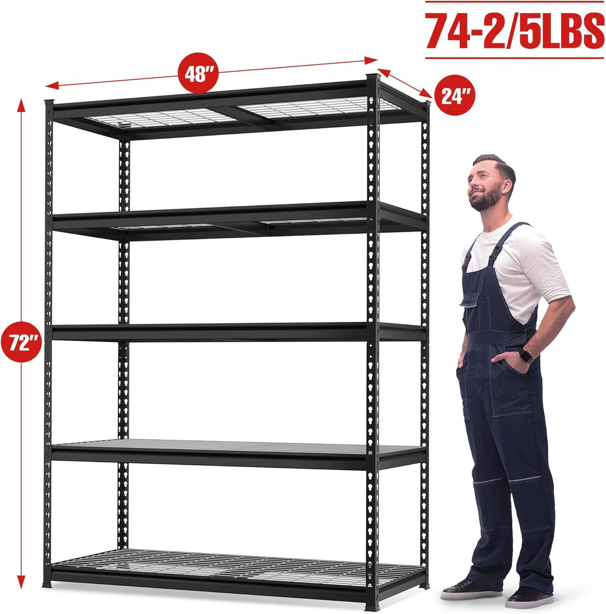 WORKPRO 4000 lbs 5-Tier Metal Shelving Unit, 72”H x 48”W x 24”D, Heavy Duty Adjustable Storage Rack, for Garage, Basement, Warehouse, Workshop