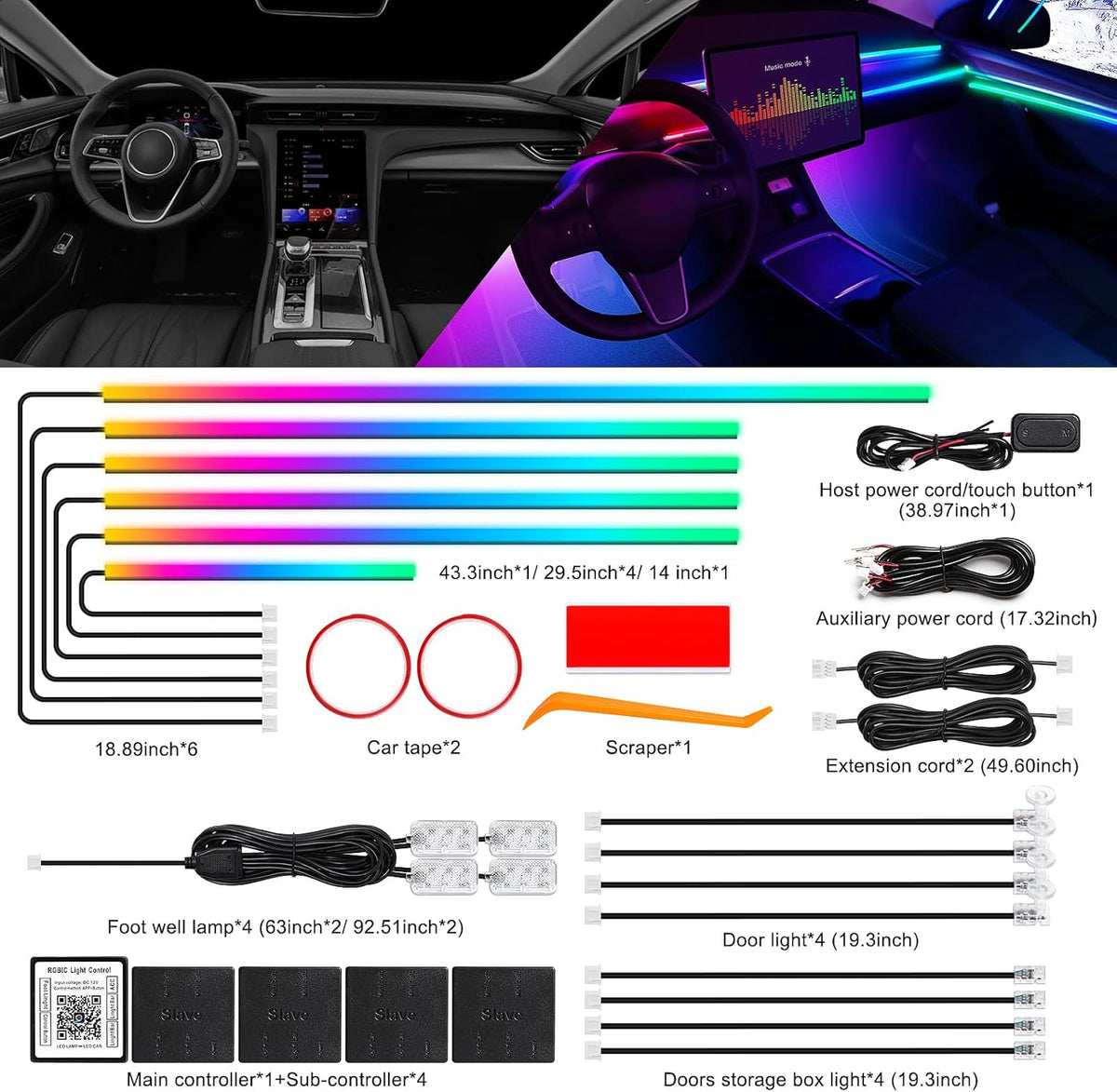 Dreamcolor Acrylic Interior Car LED Strip Light with Wireless APP, RGB 18 in 1 with 175 inches 612 LEDs Fiber Optic Strip Lights for Car, Dual Zone Music Sync Neon Car Ambient Lighting Kits