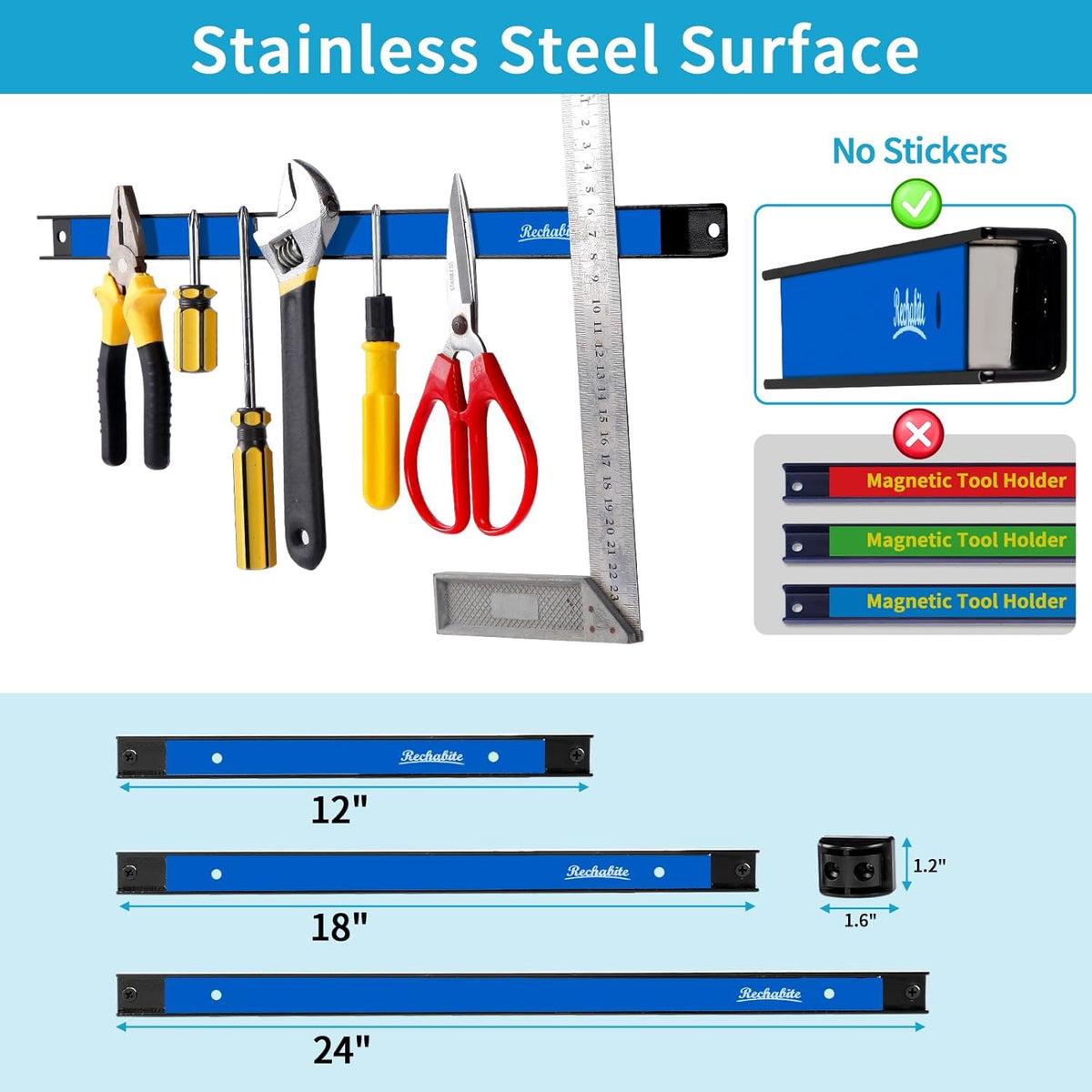 12" 18" 24" Magnetic Tool Holder Strip, Blue Magnet Bar, Metal Tool Organizer Rack for Garage Organization, Easy To Install in Workshop, Mounting Screws Included