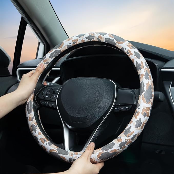 Tan Duck Camo Steering Wheel Cover Auto Leather Steering Wheel Protector, Anti-Slip, Breathable, Absorbing Sweat, Universal Camo Car Accessories 14.5–15 inch,Fit for Most Car, Trucks, SUV