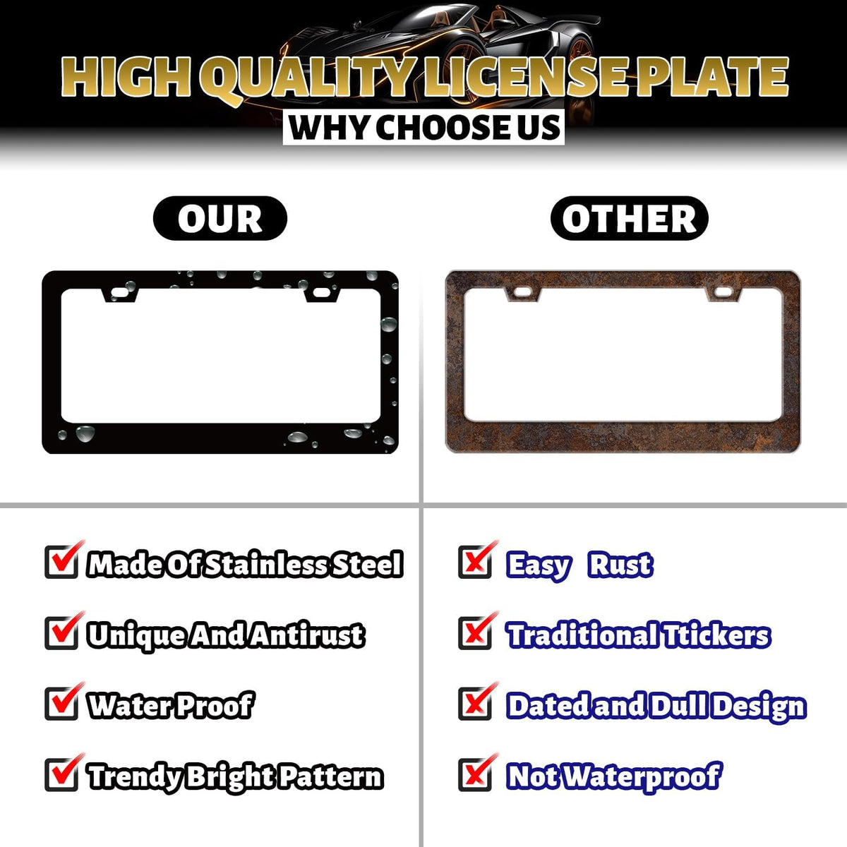 Blue White Mexican Tiles License Plate Frame Boho License Plate Holder Stainless Steel Colorful Car Accessories Decoration 6.3"X12.3" with 2 Holes Screws