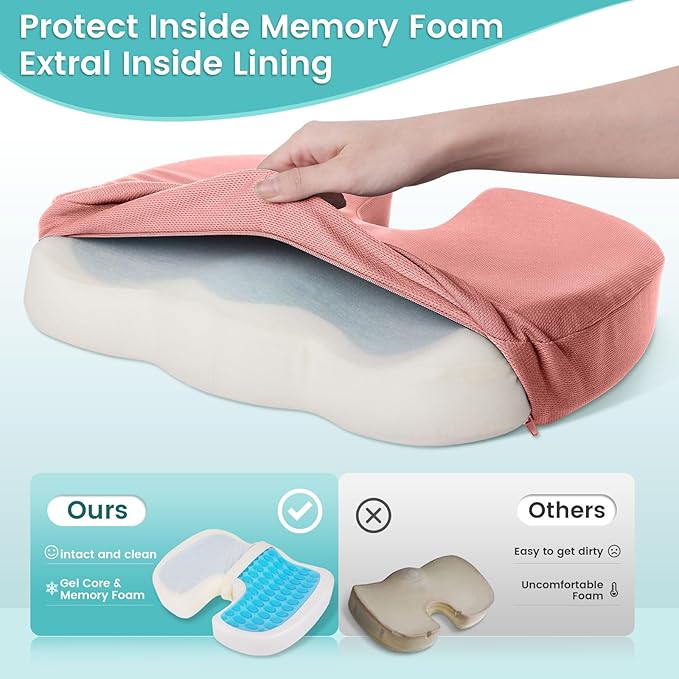 Office Chair Seat Cushion, Cooling Gel Enhanced Memory Foam Cushion for Long Sitting - Back, Sciatica, Coccyx, Tailbone Pain Relief Pillow - for Office, Gaming, Car, Wheelchair - Pink, Large
