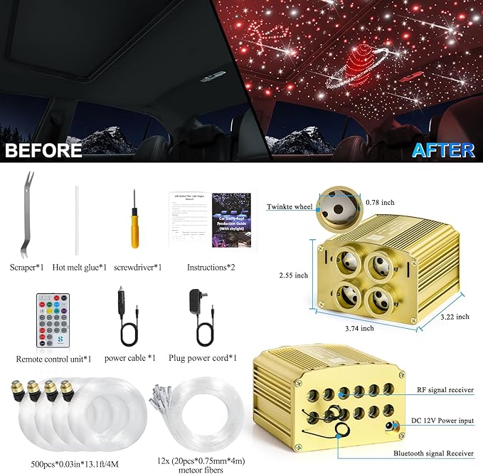 4 Colors 32W Twinkle & Meteor Car Starlight Headliner Kit, 2-in-1 Light Engine 500pcs*0.03in*13.1ft+240 RGBW Fiber Optic Cable Ceiling Star Lights, Shooting Star Roof Lights for Car Home Theater
