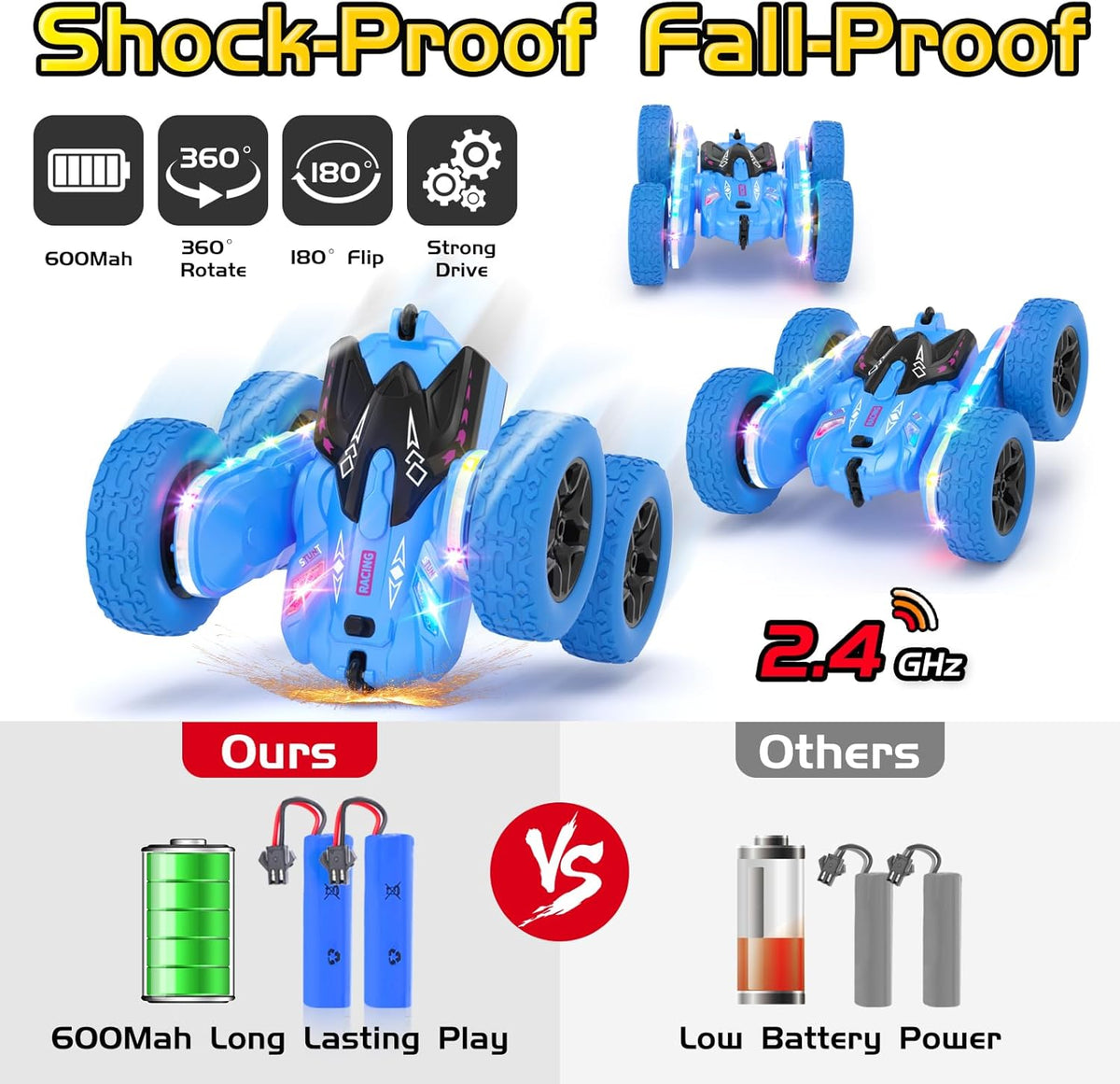 Remote Control Car, RC Cars for Kids with New Upgraded Strip Lights, 2.4GHz RC Stunt Cars with Headlights, 600mAh 4WD 360° Rotating Off Road, 4 5 6 7 8 9 Year Old Boy Toys Birthday Gifts
