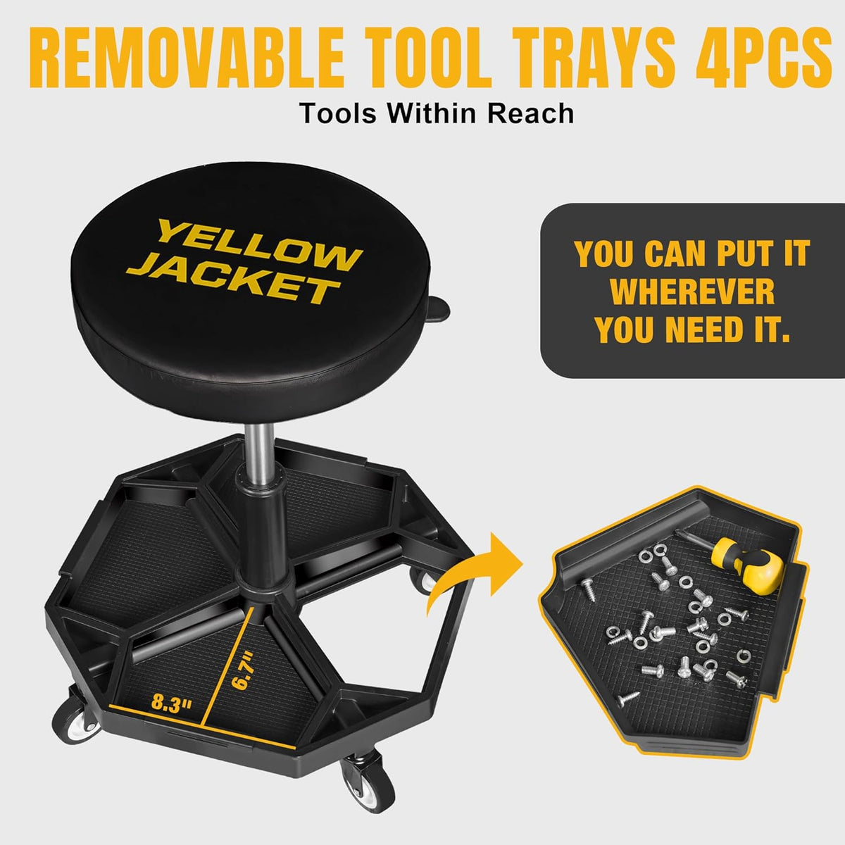 YELLOW JACKET Rolling Garage Seat Adjustable Pneumatic Shop Creeper Seat 300Lbs Mechanic Stool with Wheels and Removable Tool Tray Storage Workshop Chair for Auto Repair