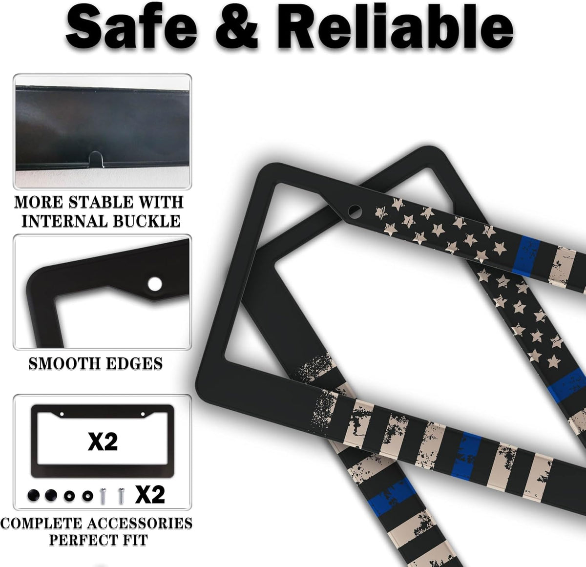License Plate Frames Black, White, and Blue Car Plate Frames Thin Blue Line USA Flag Universal Aluminum Car Accessory 2 Pack with Screw Covers Set