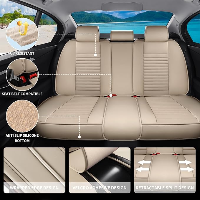 Car Seat Covers Full Set Fit for Toyota C-HR 2018-2022, Premium Faux Leather Car Seat Protector,Breathable Anti-Slip Full Wrapping Edge Seat Covers(Beige,Full Set)