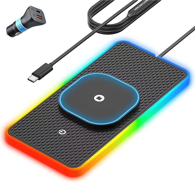 RGB Wireless Car Charging Pad for Magsafe, REESTECQI 15W LED Magnetic Wireless Charger for Car Non Slip Type C Charging Mat with 40W Car Charger Compatible with iPhone 17-12, Airpods (1 Meter Cable)