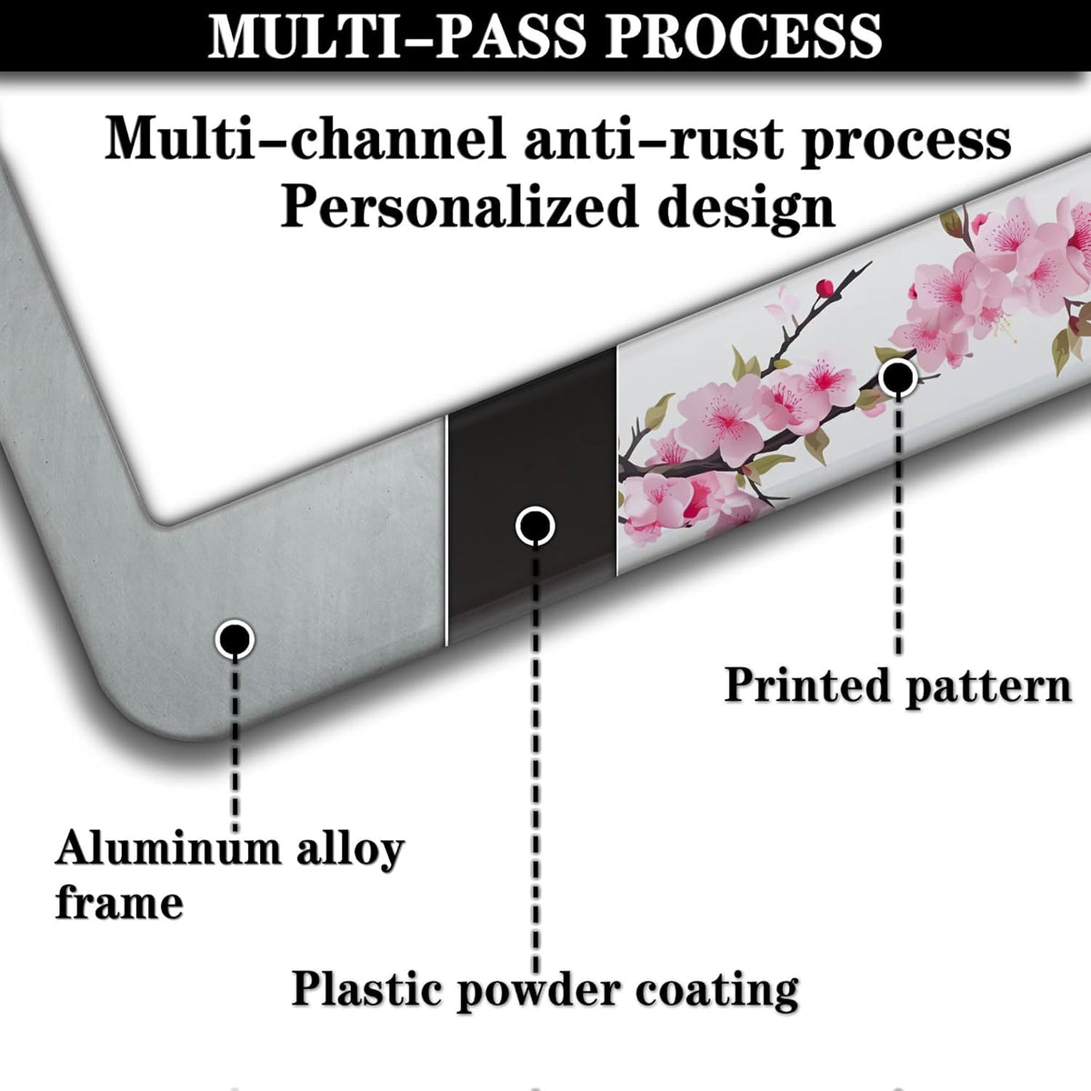 License Plate Frames for Men Powder License Plate Frame for Women Beautiful Cherry Blossom Aluminum Metal Car Accessory 2 Pack with Screw Covers Set