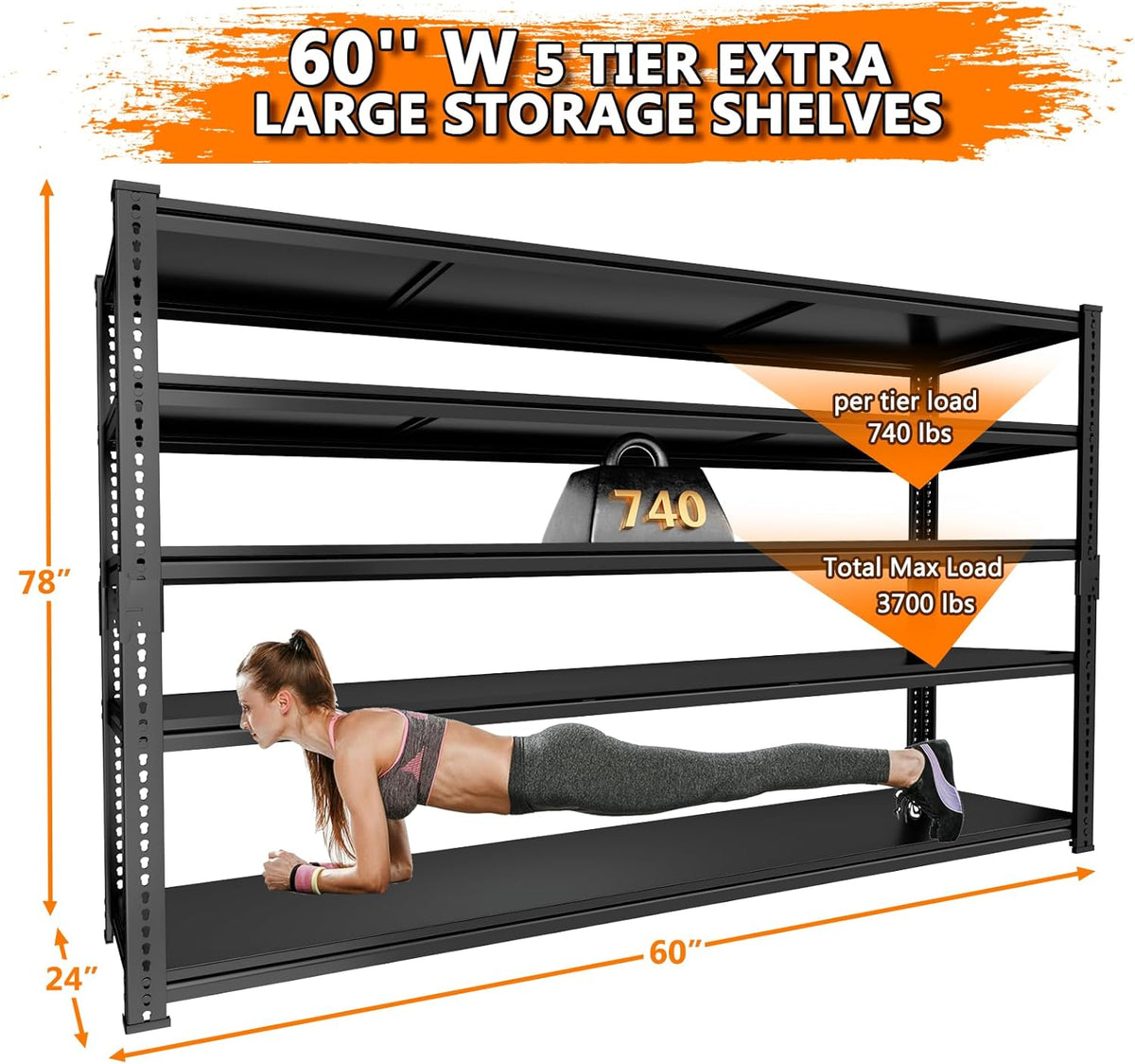 Storage Shelves Heavy Duty, 60" L x 24" W x 78" H Garage Storage Shelves Unit Loads 3700LBS, 5-Tier Adjustable Metal Industrial Utility Shelf Rack for Kitchen, Laundry Room, Warehouse, Basement