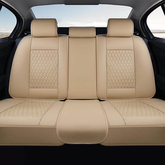 Coverado Leather Rear Seat Covers for Cars, Waterproof Back Seat Cover, Universal Automotive Seat Cushion Protector for Most Cars Trucks SUV (Beige)