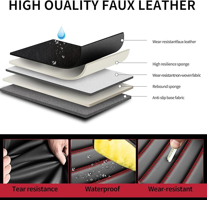 Fit Camry Car Seat Covers for Toyota Camry 2012-2024 2025 2026 - Upgraded Premium Waterproof & Breathable Leather, Airbag Compatible, All-Weather Seat Cushion Protector (Full Set, Black+Red)