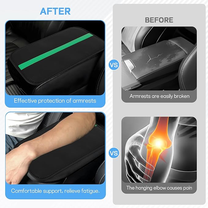 wuyaoyao Car Center Console Cover, 12.6"×7.87" PU Leather Armrest Cover for Cars, Stylish Auto Armrest Cushion Pad, Waterproof Vehicle Arm Rest Protector, Interior Car Accessories (Black+Green)