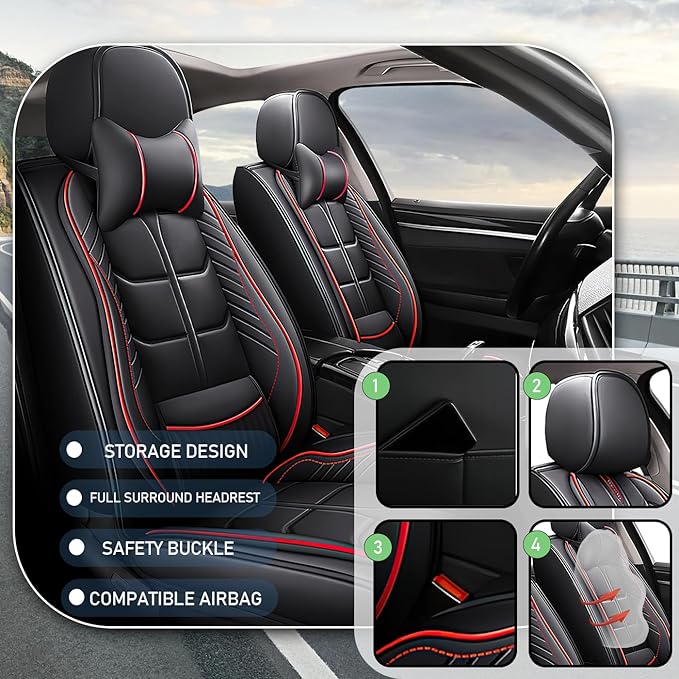 Leather Car Seat Covers Fit for Toyota Avalon Hybrid 2013-2024, 5 Seater Car Seat Cover, Premium Waterproof, Scratch Resistant Car Interior Accessories (Full Set with Pillow Black Red)