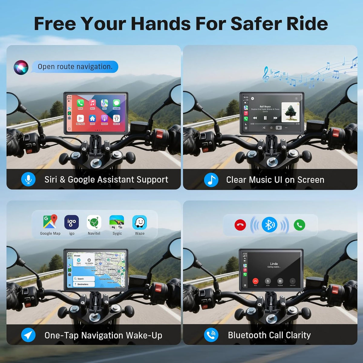 WonVon 5 Inch Motorcycle Carplay GPS Navigation System with Apple Carplay and Android Auto Portable Screen with Dual Bluetooth, Navigation, Siri, Google Assistant（Not Inchluded TPMS）