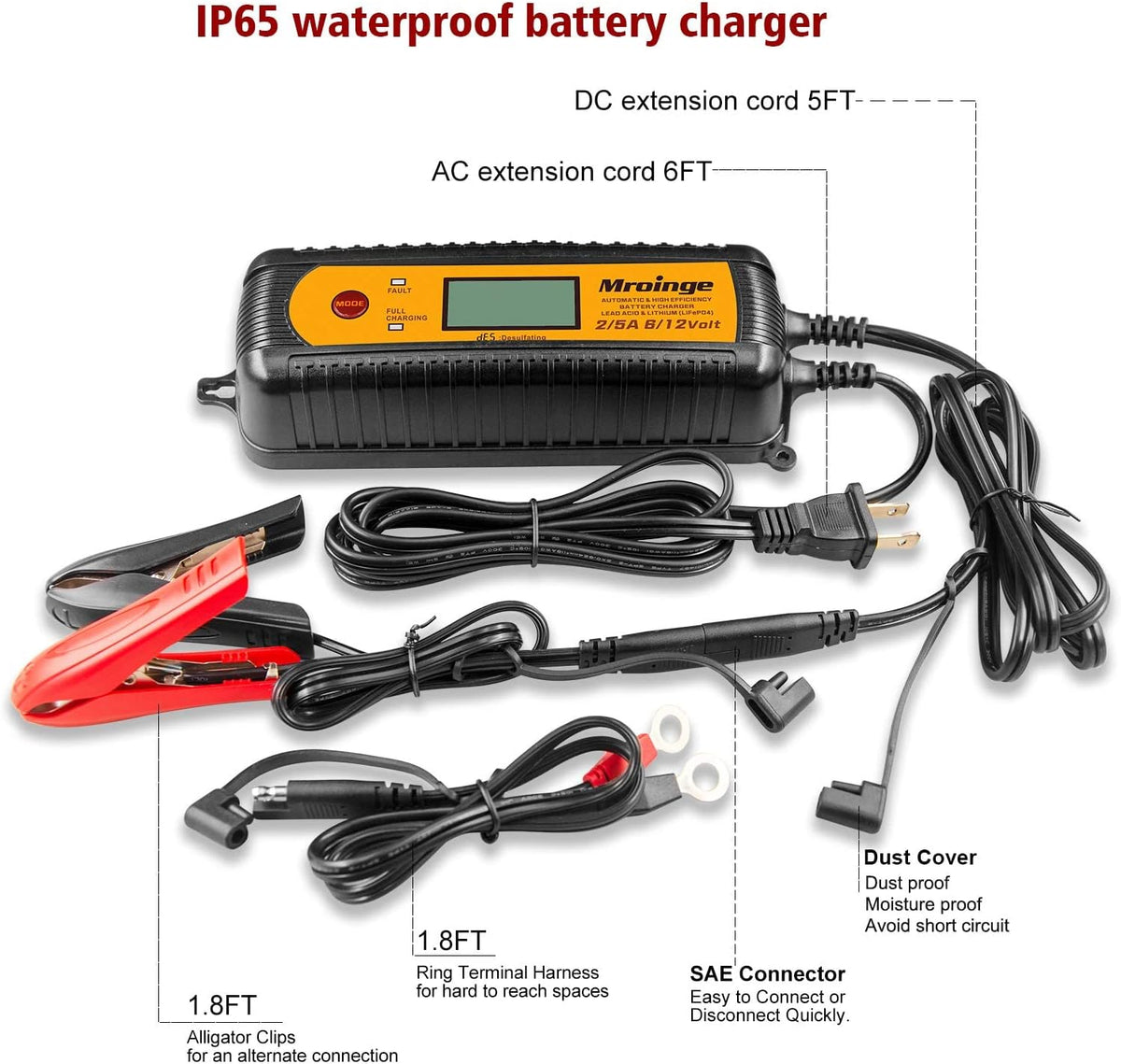 Car Battery Charger, Mroinge 5A 6V/12V Fully Automatic Smart Charger, Battery Maintainer, Trickle Charger and Battery Desulfator for Lead Acid and Lithium Batteries, with LCD Display, MBC050-LCD
