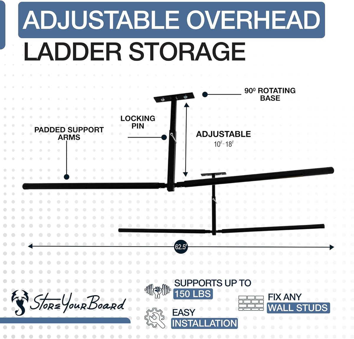 StoreYourBoard Double Ladder Ceiling Rack – Hi Port 2 Garage Ceiling Ladder Hanger | Adjustable Overhead Ladder Storage for Step & Extension Ladders | Garage Organization | Holds 150 lbs