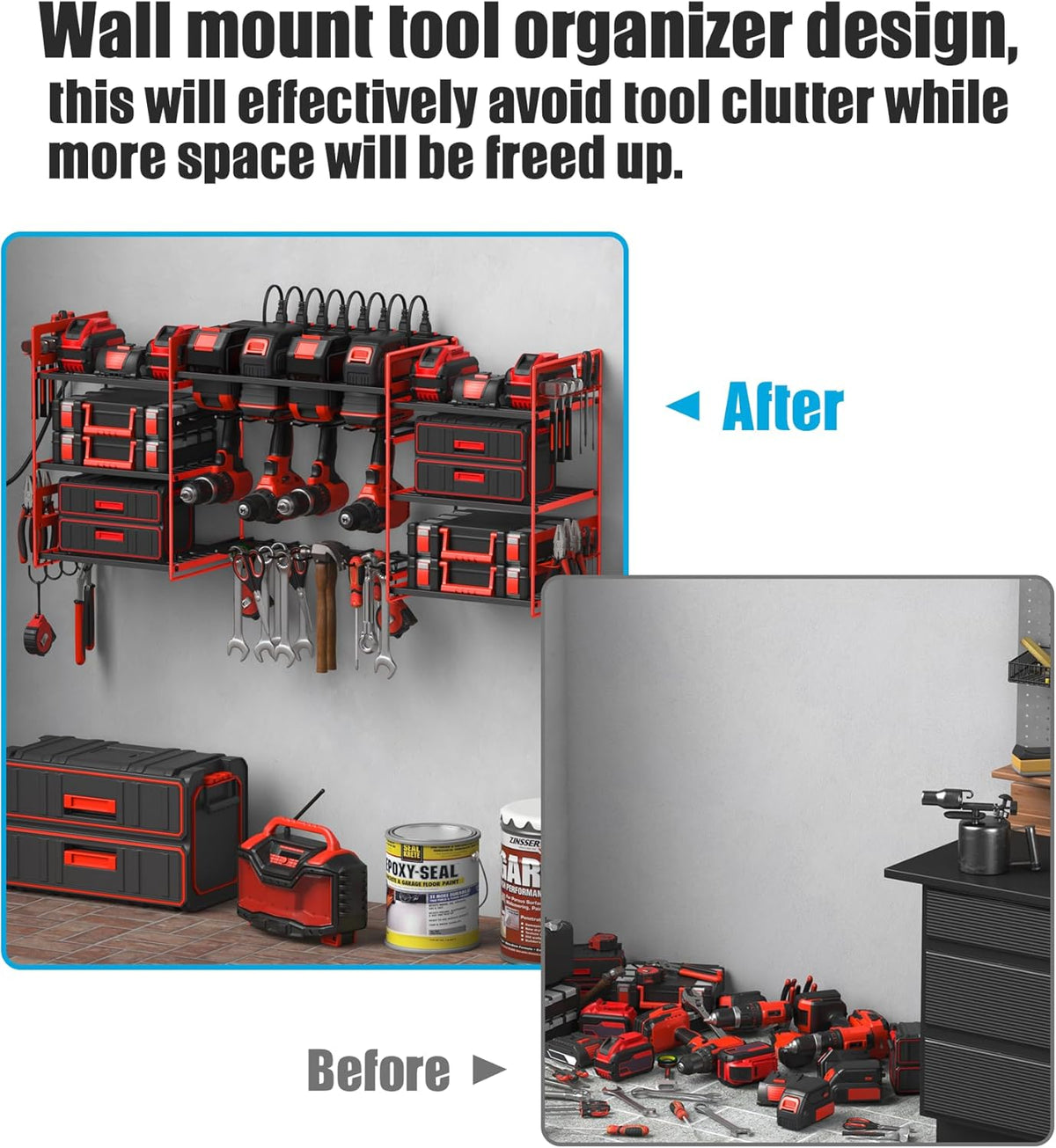 CCCEI Red Power Tool Organizer Wall Mount, Large Tools and Battery Storage Rack Charging Station Individual Switches. Drills Holder, Garage Utility Shelves with 6FT Power Strip. Gift for Men.