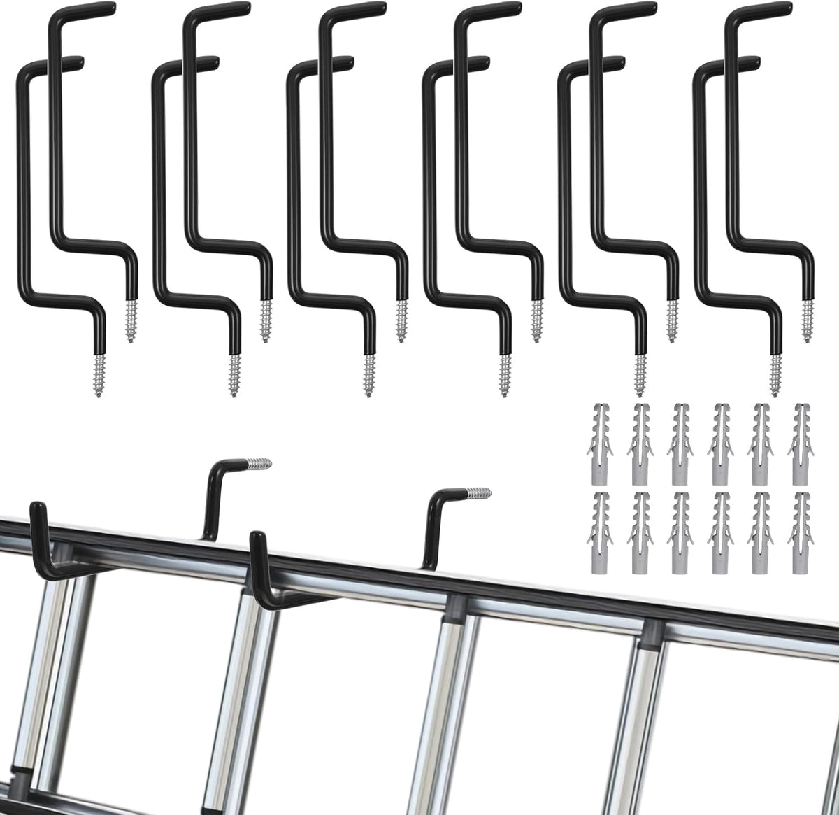 12 Pcs Heavy-Duty Black Ladder Hooks – Iron & PVC Wall Mount Storage Hangers for Bike, Ladder, Chair, Tools (75 lbs Capacity)
