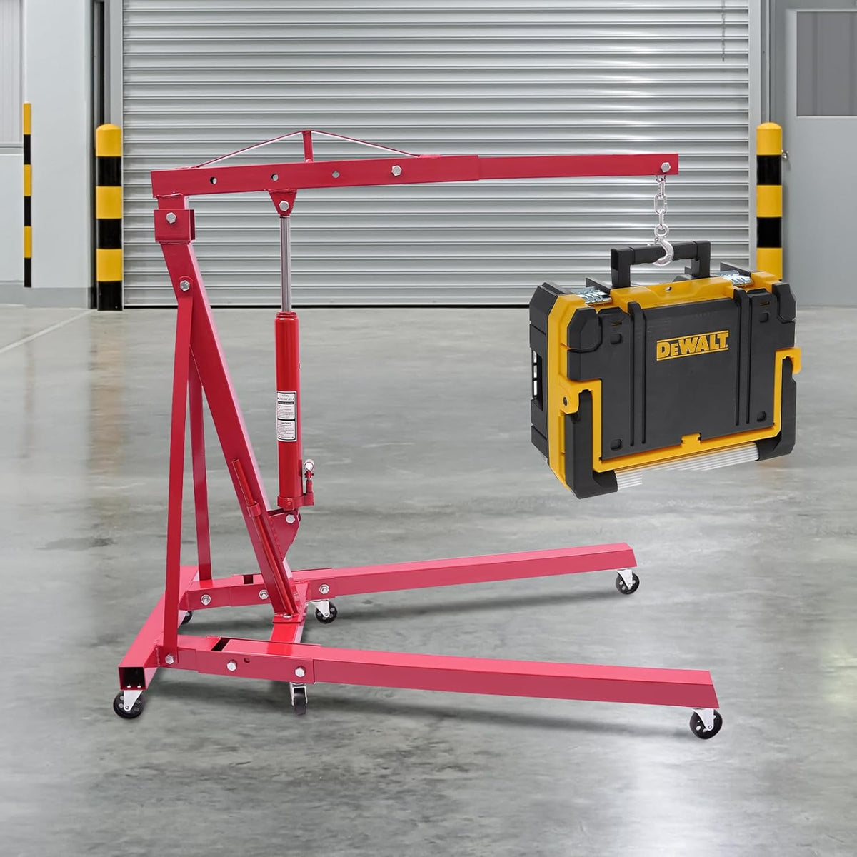 Folding Engine Crane 1 Ton Folding Engine Hoist 2200lbs Hydraulic Crane with 6 Iron Caster Wheels for Garage, Workshop (Red)