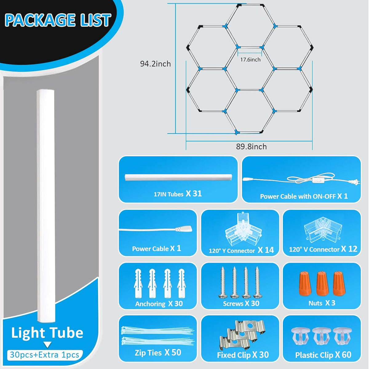 tewei Hexagon LED Garage Light, 7 Grids Hexagon Car Detailing Lighting Fixture 6500K Daylight White LED Shop Light, 275W, 27500LM Super Bright Ceiling Lights for Workshop, Warehouse, Gym, Basement