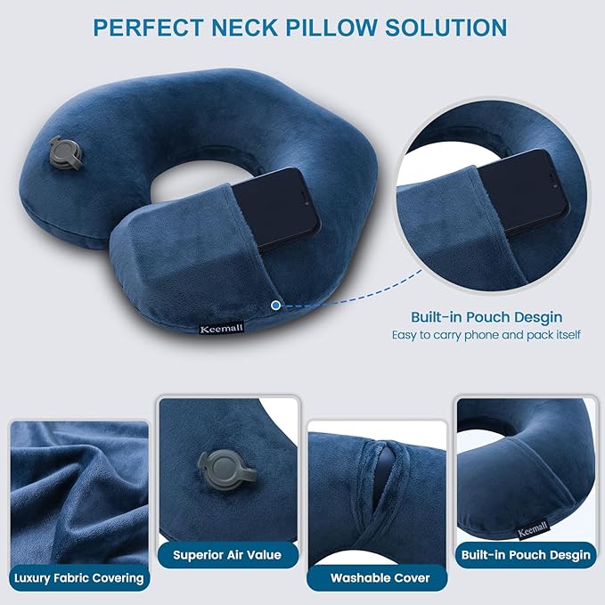 Travel Neck Pillow for Airplane, Compact Inflatable Neck Pillow for Traveling Long Flights, Adjust Firmness Neck Suport Pillow for Sleeping Plane Head Rest for Travel Accessories,Deep Blue