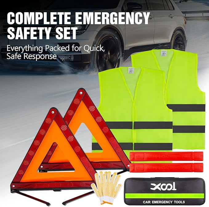 XOOL Emergency Warning Triangle Kit – Roadside Safety Kit with Reflective Warning Triangles, High-Visibility Safety Vests, Storage Bag & Gloves for Car Breakdowns & Emergencies