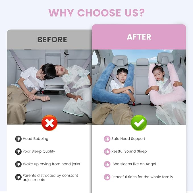 Car Pillow for Kids, Professional Inflatable Kids Car Pillow for Sleeping Carseat Travel - Safe, Reliable - Inflatable Travel Pillows for Kid Adult Car Seats Pink