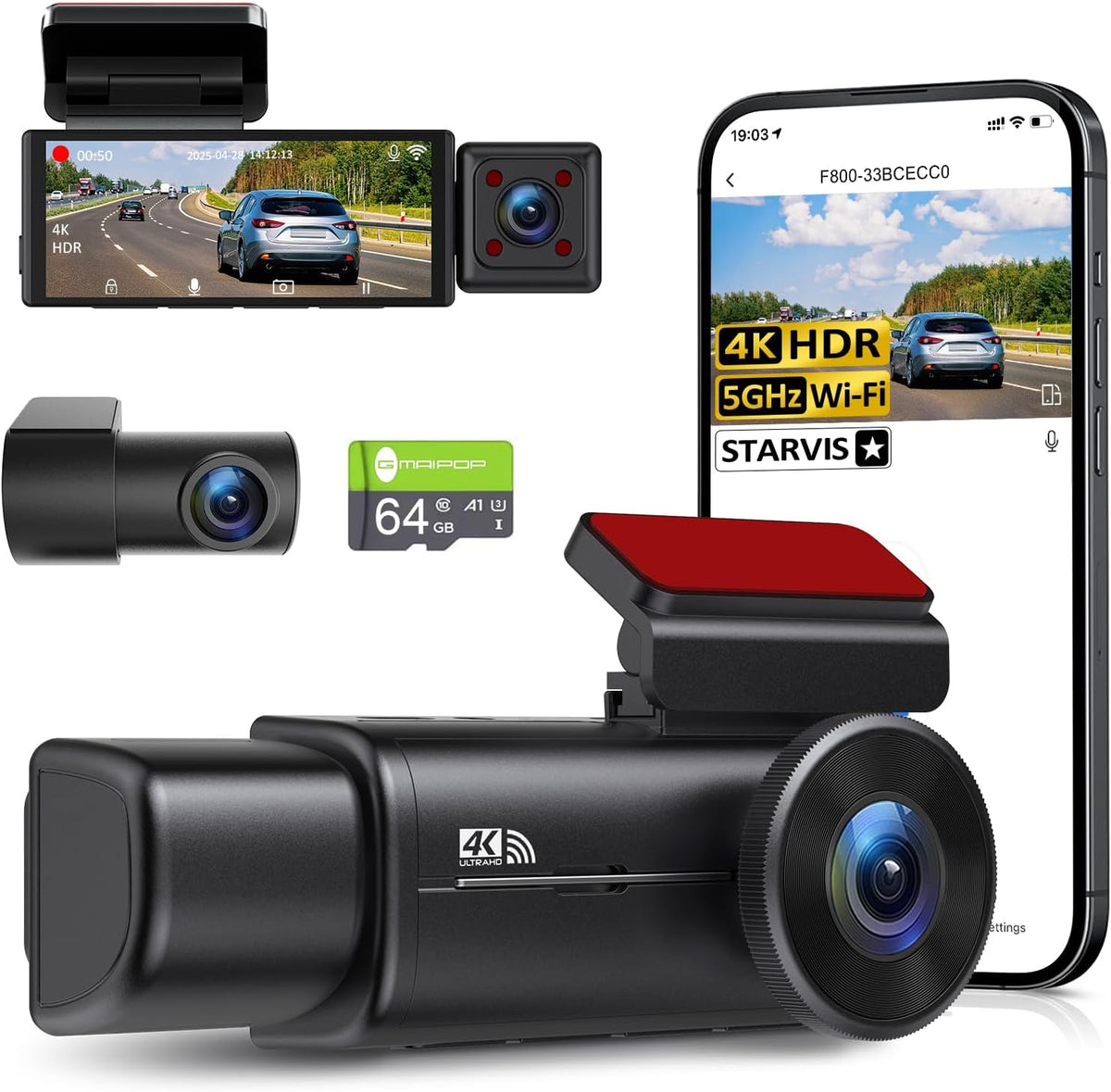 4K 3 Channel Dash Cam Front Rear Inside，STARVIS Sensor, 5GHz WiFi,64GB Card Included, 2160P+1080P+1080P Car Dash Camera, 3.16" IPS Screen, IR Night Vision,HDR, G-Sensor, 24/7 Parking Mode