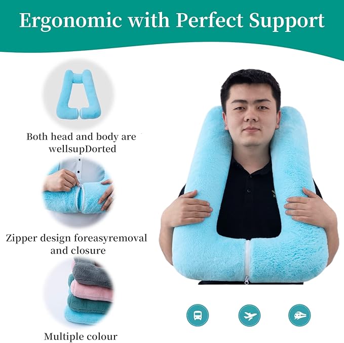 Travel Pillow Upgraded Version of Aircraft Travel Neck Pillow with Storage Bag, Sleep Pillows for Travel by Train, Car, or Plane, Supporting The Head and Body, Travel Pillow for Kids Blue