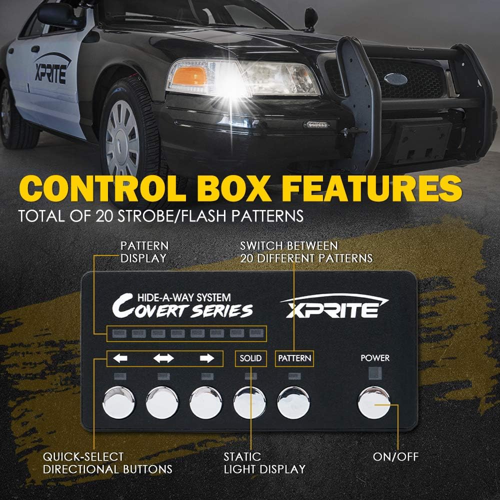 Xprite White Amber LED Hideaway Strobe Lights Kit 20 Flashing Patterns w/Control Panel Headlights Taillights Fog Light Mounting, for Roadside Emergency Vehicles Trucks SUV Vans Cars UTV ATV 8 PCs