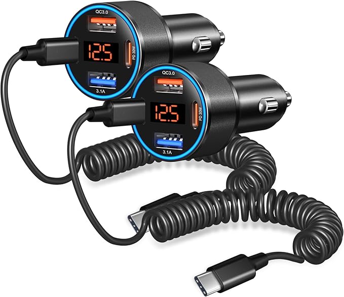 65W 4-Port Super Fast Car Charger Type C for Galaxy S25 S24 S23 Ultra S22 S21 A16 A53 A54 PD/QC3.0 Android Car Phone Charger USB C Cigarette Lighter Voltage Meter Adapter+5FT Type C Coiled Cable