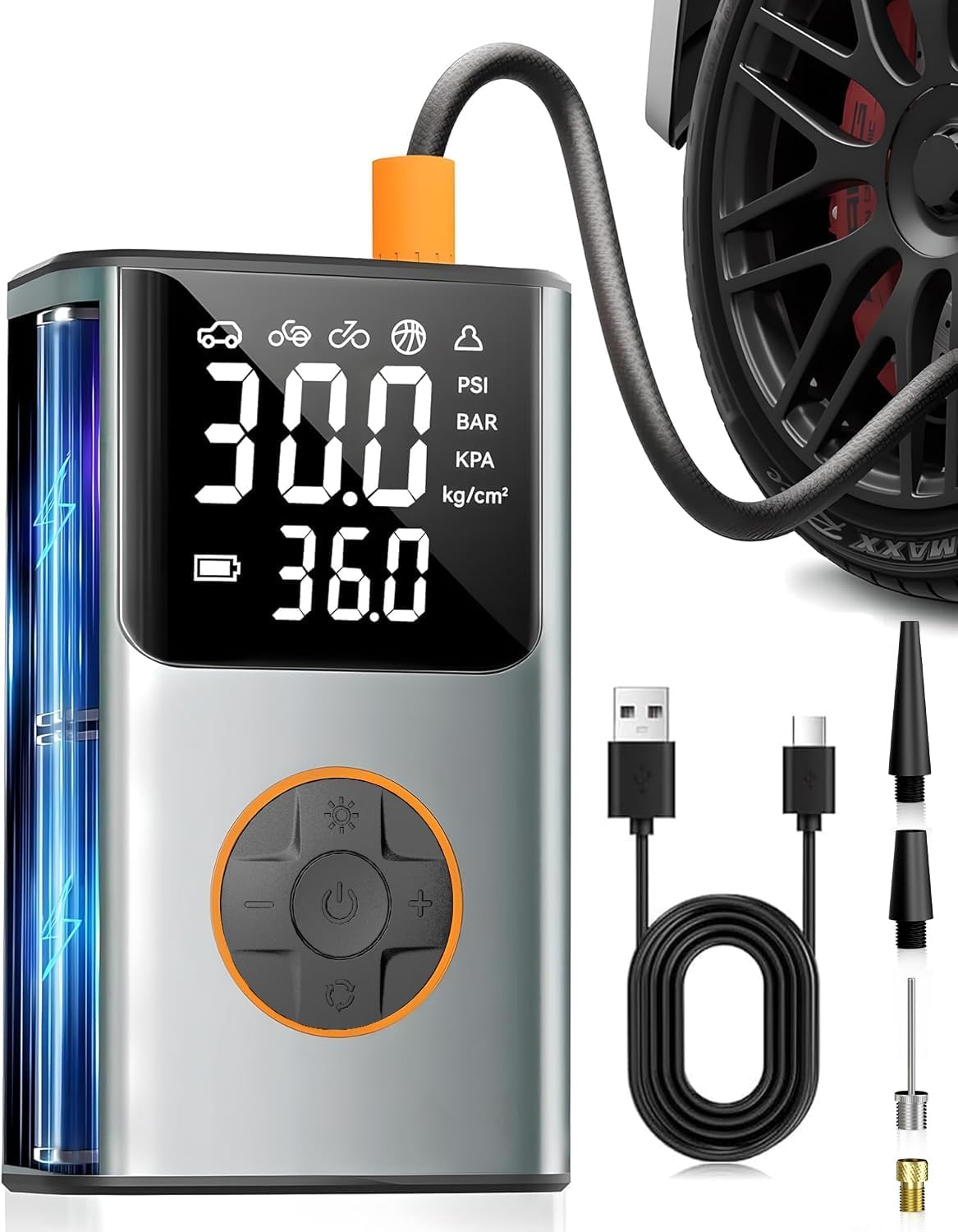Tire Inflator Portable Air Compressor, Bike Pump, 150PSI Air Pump for Car Tires with LCD Dual Screen and Digital Tire Pressure Gauge, Air Compressor for Bicycle, Motorcycle, Compact Car, Ball