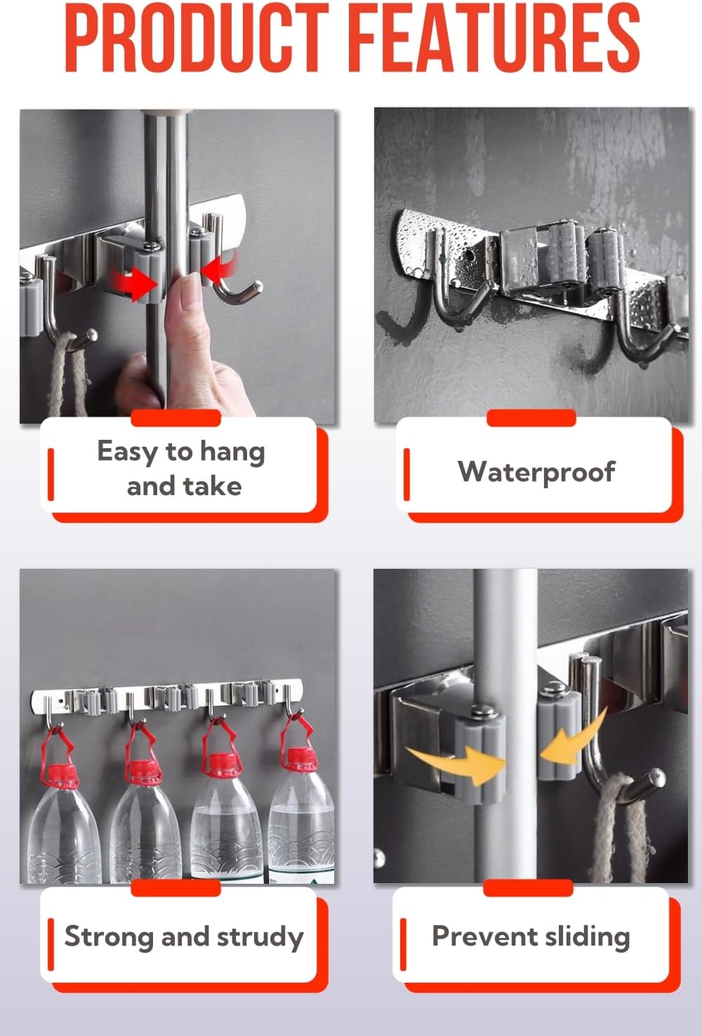 Mop and Broom Holder Wall Mount, Upgraded Broom Hanger Wall Mount, Stainless Steel Broom Organizer for Closet Garage Laundry Room Kitchen Wall Decor(4Racks 5Hooks Silver)