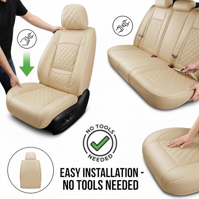 Fit RLX Car Seat Covers for Acura RLX 2013-2020 - Premium Leather, Waterproof, All-Weather, Airbag Compatible, Anti-Slip, Breathable, Easy Install, Seat Protectors, Full Set, Beige