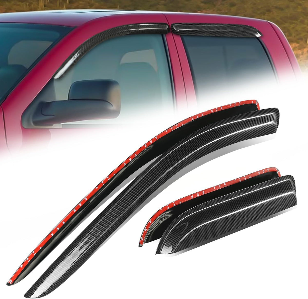 Auto Dynasty 4Pcs Carbon Fiber Pattern Window Visors Compatible with 2002-2009 Dodge Ram 1500 2500 3500 Crew Cab, Tape-On Front & Rear Window Deflectors Rain Guards Sun Side Vent Shade, Glossy Black