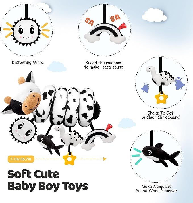 Spiral Car Seat Baby Toys 0-6 Months, Infant Carseat High Contrast Sensory Toys Hanging Stroller Accessories, Newborn Shower Gifts for Baby Boys Essentials Stuff, Cute Black and White Cow