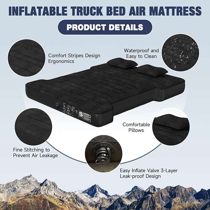 Truck Bed Air Mattress, Full Size Truck Beds, Inflatable Air Mattress Bed with Air Pump 2 Pillows, Carry Bag, Pickup Bed Air Mattress for Chevrolet Silverado, Dodge Ram, Ford, Black