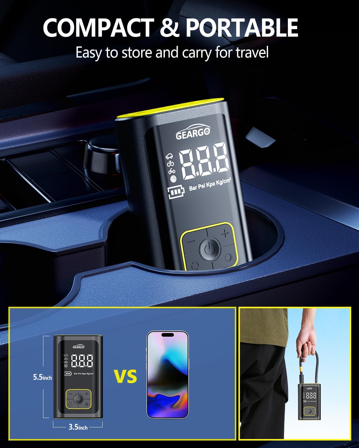 GEARGO Portable Tire Inflator Air Compressor 150PSI Cordless Air Pump for Car, Motorcycle, Bicycle Tires, Balls, 3X Faster Auto Smart Air Pump with Digital Pressure Gauge, LED Light, Black Yellow