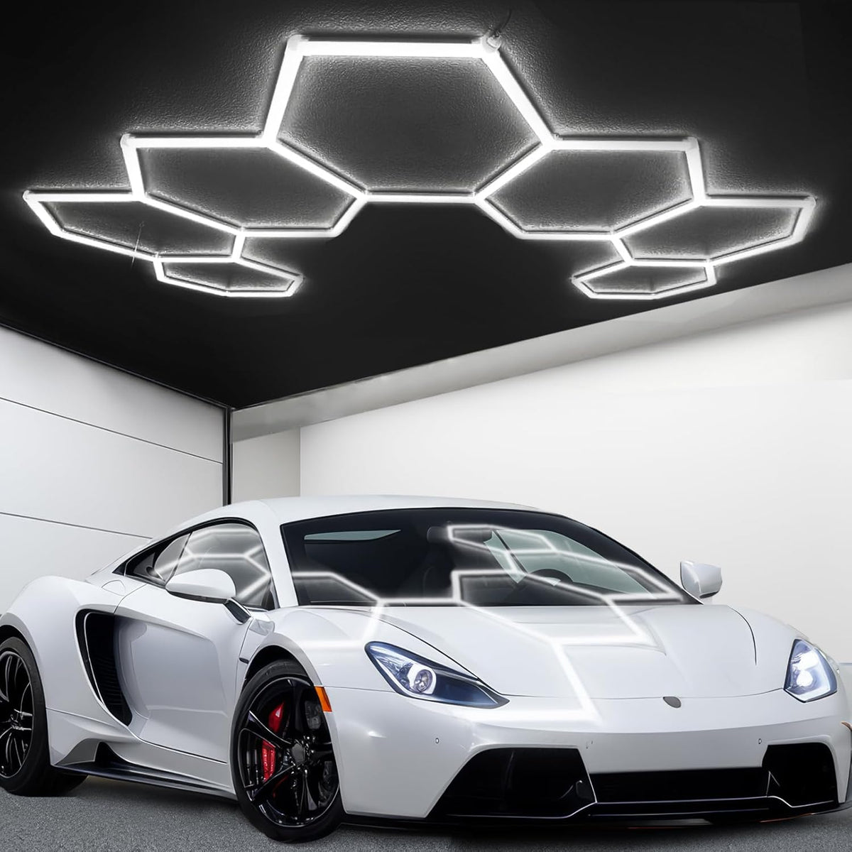 tewei Hexagon LED Garage Light, 7 Grids Hexagon Car Detailing Lighting Fixture 6500K Daylight White LED Shop Light, 275W, 27500LM Super Bright Ceiling Lights for Workshop, Warehouse, Gym, Basement